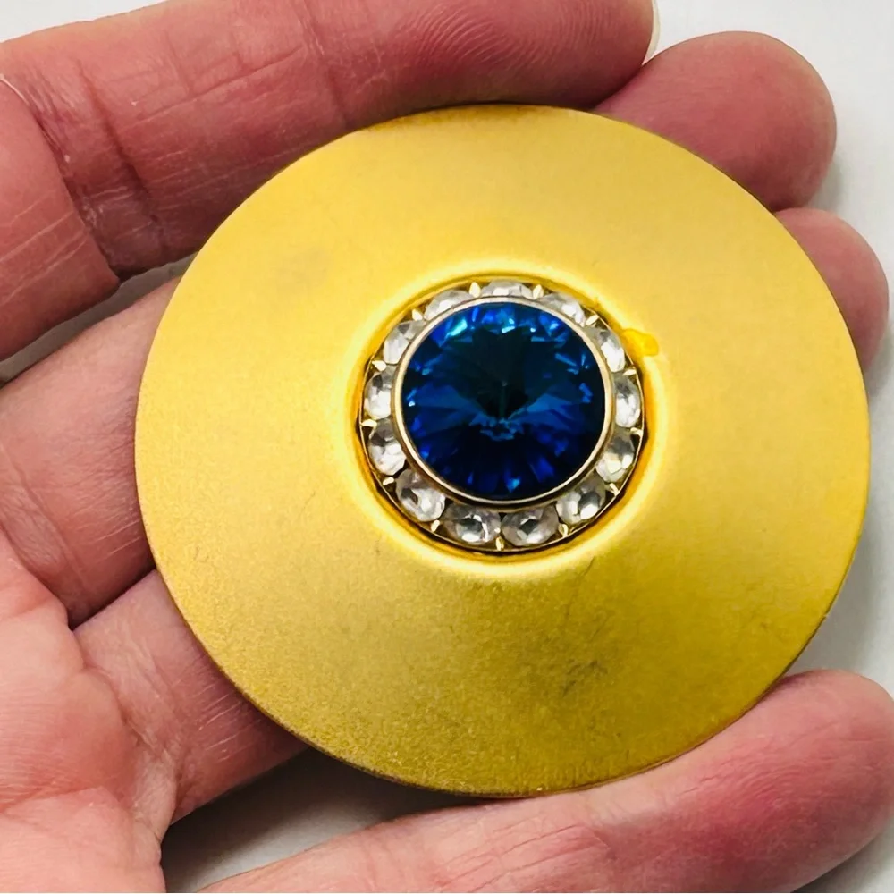Amazing Huge Blue Rivoli Disk Earrings Matte Gold Tone